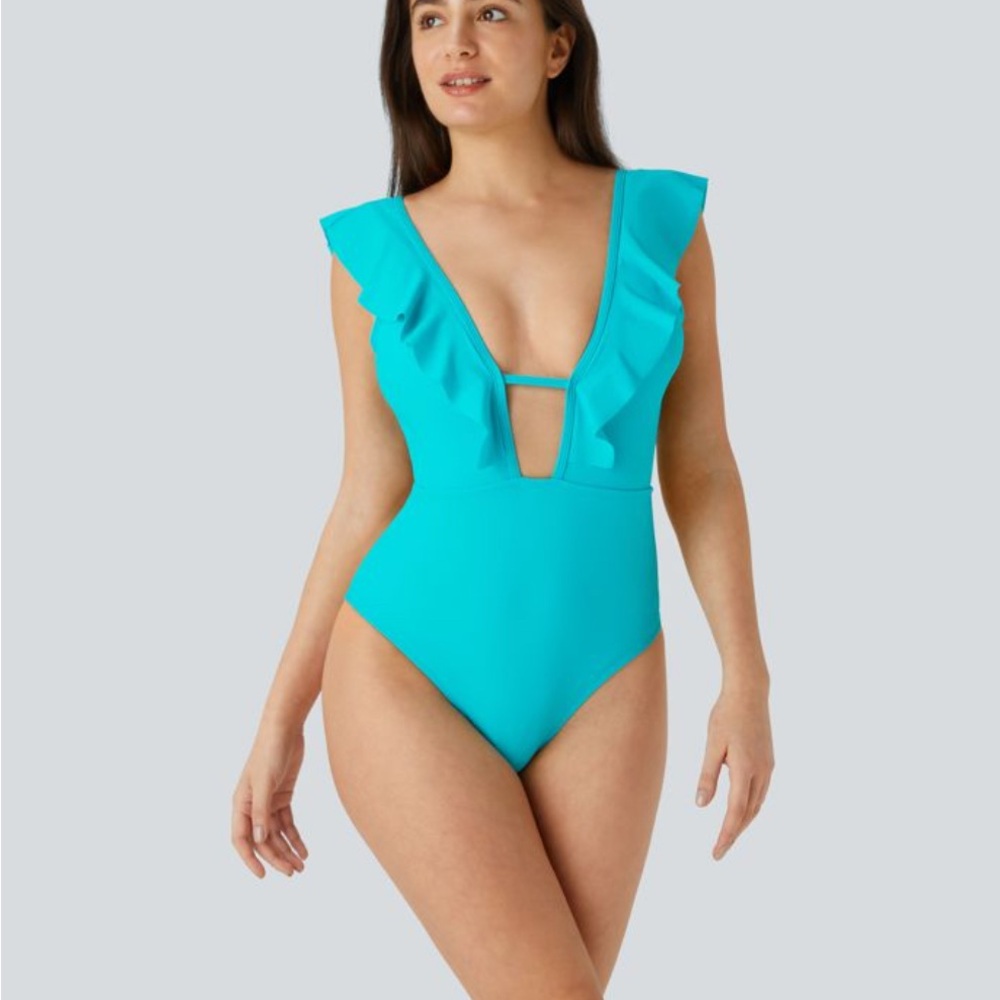 HALARA Ruffle Deep V Neckline Swimsuit